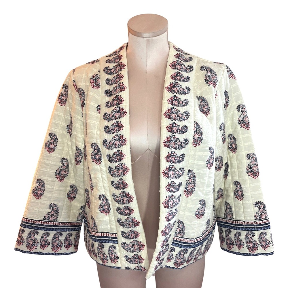 J. Jill Womens Quilted Paisley Open Front Jacket‎ Cream Medium Petite Cottage